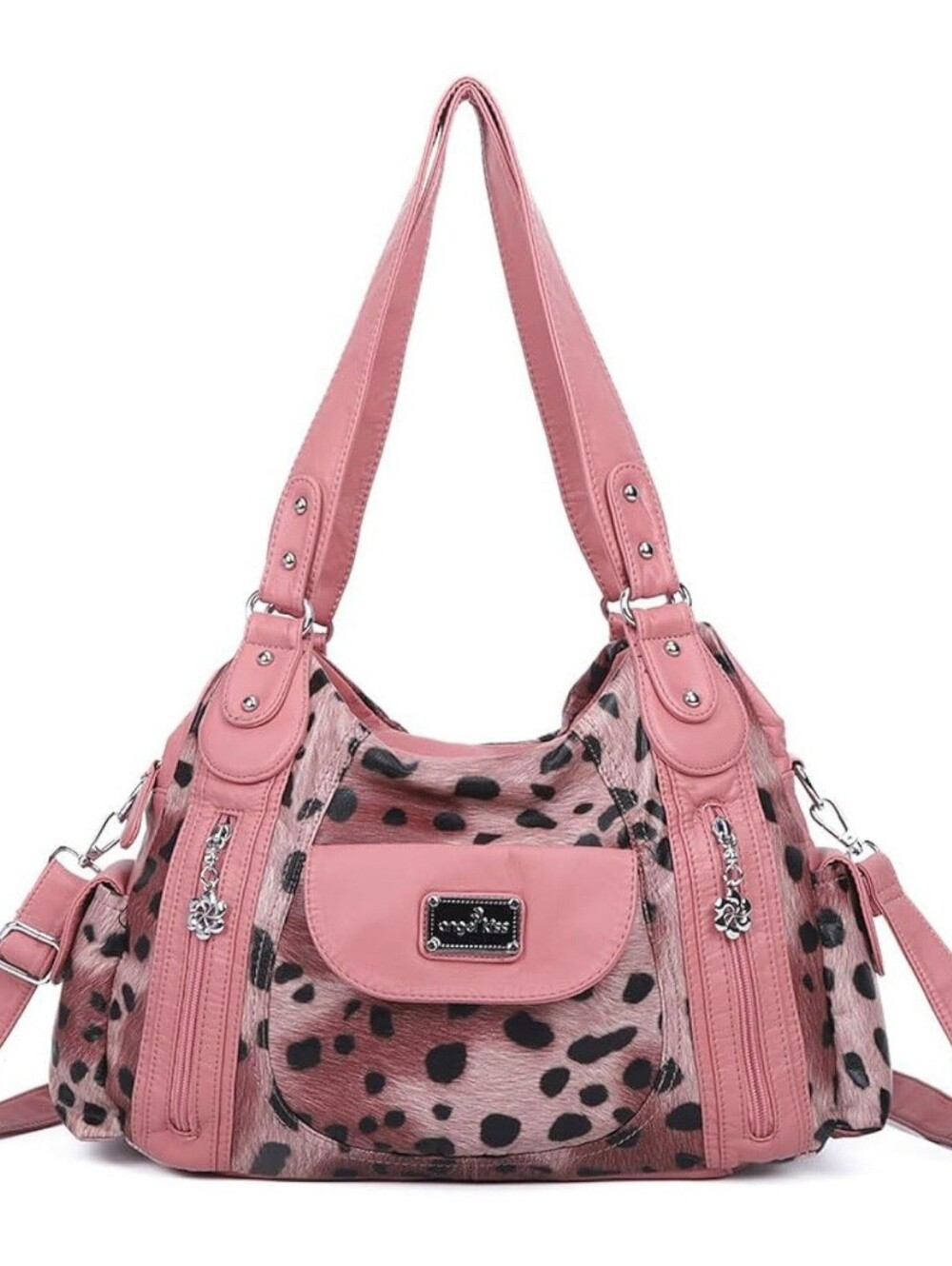 Angel Kiss Vegan Leather Leopard Print Hobo Satchel Bag- Pink & Black